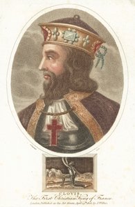 Clovis I, pierwszy chrześcijański król Franków (kolorowy grawerunek) autorstwa English School
