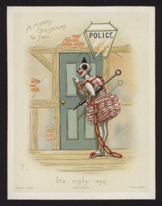 Klaun pukający do drzwi posterunku policji (chromolitho) autorstwa English School