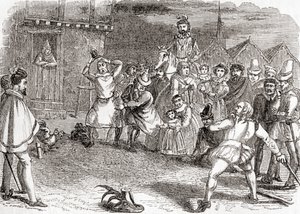 Rzucanie kogutami, czyli cock-shying lub rzucanie w koguty, ze Starej Anglii: A Pictorial Museum, pub. 1847 autorstwa English School
