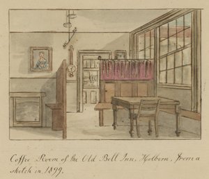 Kawiarnia Old Bell Inn, Holborn, Londyn, ze szkicu z 1899 r. (wc na papierze) autorstwa English School
