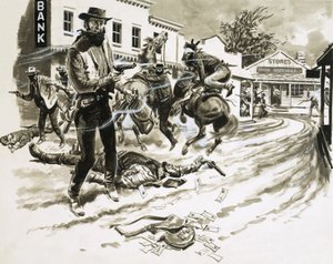 Cole Younger, członek gangu Jessego Jamesa, w strzelaninie autorstwa English School