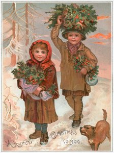 Zbieranie Holly na śniegu, Kartka Świąteczna autorstwa English School