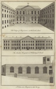College of Physicians przy Warwick Lane, londyński szpital przy Whitechapel Road i kościół św. Jana Chrzciciela w Savoy w Londynie autorstwa English School