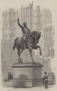 Kolosalna statua Richarda Coeur de Lion, autorstwa barona Marochettiego, w starym pałacowym dziedzińcu, Westminster (rycina) autorstwa English School