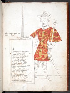 Kolorowy rysunek angielskiego króla w zbroi i tabardzie (król Jan), prezentującego tablicę z wersetami. Niedokończony. autorstwa English School