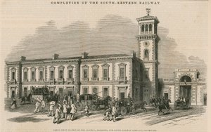 Ukończenie kolei południowo-wschodniej: Wielka wspólna stacja Croydon, Brighton and Dover Railway Company, Southwark, Londyn autorstwa English School