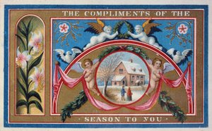 „Komplementy sezonu”, karta wiktoriańska (chromolitho) autorstwa English School