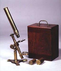 Monokularowy mikroskop złożony, wykonany przez Amadio Optician, Londyn, ok. 1860 (mosiądz i szelak)