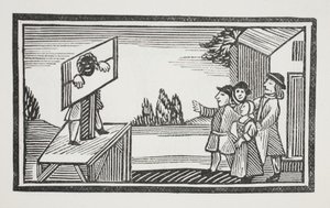 Skazany na stanie przez godzinę lub dłużej pod pręgierzem, ilustracja z książki Rozdział XVIII wieku autorstwa Johna Ashtona, wyd. 1882 autorstwa English School