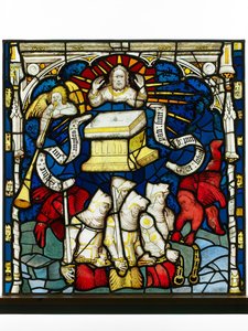 Zachowany panel z Great East Window w York Minster: „Szósty anioł gra w trąbę i utrata czterech aniołów” autorstwa English School
