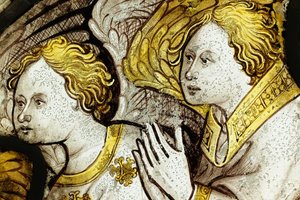 Zachowany fragment z Great East Window w York Minster: „Stworzenie czci Baranka” autorstwa English School
