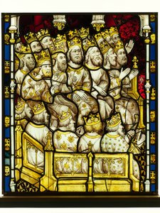 Zachowany fragment z Great East Window w York Minster: „Starsi czczą Boga” autorstwa English School
