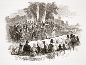 Konkurs o Złotą Harfę w Royal Denbigh Eisteddfod, przed H.R.H. książę Susses w 1828 r. (rycina stalowa) autorstwa English School