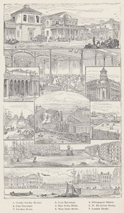 Covent Garden Market, Corn Exchange, Billingsgate Market, Coal Exchange, East India Docks, St Katherine Docks, Victoria Docks, West India Docks, London Docks (grawerowanie) autorstwa English School