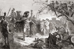 Koriolan powraca jako wróg do Rzymu po wygnaniu, z ilustrowanej historii świata Warda i Locka, wyd. ok. 1882 r. autorstwa English School