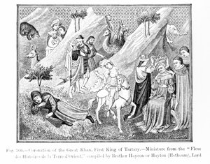 Koronacja Wielkiego Chana (Kublai Chan) (1214-94) Pierwszy Król Tatarów, z Fleur des Histoires de la Terre dOrient, skompilowana przez Haytona (zm. 1271), ilustracja z Science and Literature w autorstwa English School
