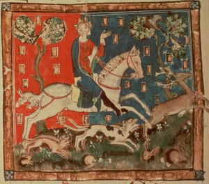Cott Claud D II f.113 Polowanie na króla Jana, z „Liber Legum Antiquorum Regum”, c.1321 (welum) autorstwa English School