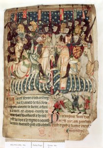 Cott Vitt A XIII f.3v William zabija Harolda w bitwie pod Hastings, z „Dekretów królów anglosaskiej i normańskiej Anglii” (welum) autorstwa English School