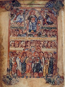 Cotton Galba A. XVIII, f.2v Chrystus w majestacie w otoczeniu narzędzi Męki Pańskiej oraz chórów anielskich i proroków, ilustracja z „Psałterza Athelstańskiego” (welum) autorstwa English School