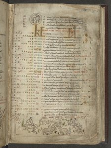 Cotton Julius A. VI, f.5, Strona kalendarza na maj: Pasterze i stado (welum) autorstwa English School