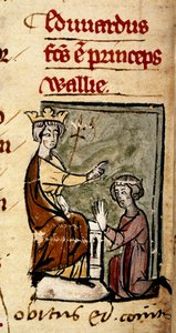 Bawełna Nero D. II, f.191v Edward z Caernarvon (Edward II) stworzył księcia Walii i hrabiego Chester przez swojego ojca, króla Edwarda I, w parlamencie Lincolna, 7 lutego 1301 r. z „Chronica Roffense”, autorstwa Mateusza Paryż (welum) autorstwa English School