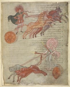 Cotton Tiberius B.V, część 1, f.47 Rydwany Słońca i Księżyca, ilustracja z „Aratusa Cycerona”, Winchester (welum) autorstwa English School