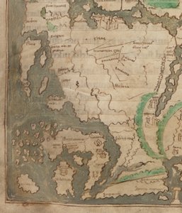 Cotton Tiberius B.V, część 1, f.56v Mapa Tyberiusza, Mappa Mundi, fragment Europy Zachodniej i Wysp Brytyjskich (welum) autorstwa English School