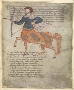 Cotton Tiberius B. V, część 1, f.37 "Strzelec", ilustracja z "Aratusa Cycerona" (welum) autorstwa English School