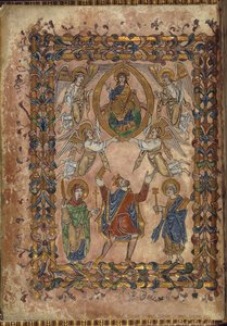 Cotton Vespasian A. VIII, f.2v Edgar oferuje czarter Chrystusa, ilustracja z „The New Minster Charter”, 966 (welum) autorstwa English School
