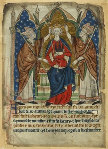 Cotton Vitellius A. XIII, f.6, Koronacja Henryka III, z „Dekretów królów anglosaskich i normańskich Anglii” c.1280-1300 (welum) autorstwa English School