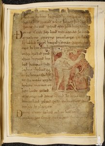 Bawełna Vitellius A. XV f.104r, A panotii, czyli człowiek z uszami wystającymi na łodygi, trzymający przedmiot przypominający łuk, ilustracja z Beowulfa, z „Kodeksu Newella” (tusz na pergaminie) autorstwa English School