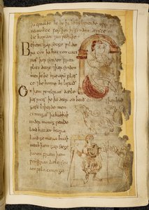 Bawełna Witeliusz A. XV f.106r, Mężczyzna siedzący na poduszce pod łukiem; dwa catini, bestie z otwartymi ustami, takie jak psy; mężczyzna w szacie z laską, wyciągający rękę do innego mężczyzny, ilustracja z Beowulfa, z „Kodeksu Nowell” (tusz na pergaminie autorstwa English School