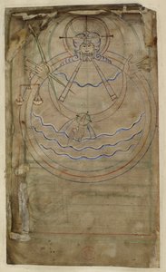 Cotton ms tiberius c vi f007v Schematyczne przedstawienie stworzenia, ilustracja z „Psałterza Tyberiusza”, Winchester, ok. 1050 (welum) autorstwa English School