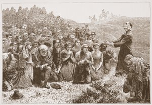 Covenanters czczący nad brzegami Whitadder, ilustracja z Historii protestantyzmu Jamesa Aitkena Wylie (1808-1890), wyd. 1878 autorstwa English School