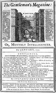 Okładka pierwszego wydania The Gentlemans Magazine, opublikowanego w styczniu 1731 autorstwa English School