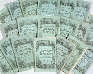 Okładki z miesięcznych wydań The Life and Adventures of Nicholas Nickleby autorstwa Charlesa Dickensa (1812-70), opublikowanych w 1839 (patrz 136075) autorstwa English School