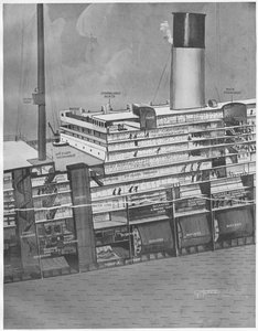 Przekrój Titanica pokazujący, jak pasażerowie wchodzą na pokład, z The Sphere, 11 maja 1912 r. autorstwa English School