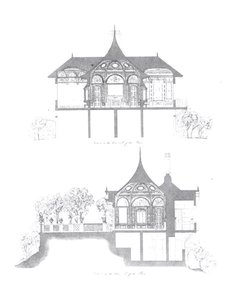 Przekroje letniego domu pałacu Buckingham z „Dekoracji pawilonu ogrodowego na terenie pałacu Buckingham” autorstwa Ludwiga Grunera (1801-82) i Anny Brownell Jameson (1794-1860) 1846 (rycina) (b/w zdjęcie) autorstwa English School