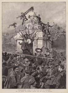 Tłumy zrywają żałobne emblematy z pomnika w Strasburgu na Place de la Concorde w Paryżu autorstwa English School