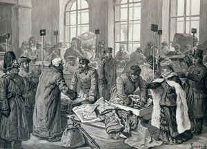 Funkcjonariusze urzędu celnego badający bagaże pasażerów z Niemiec, w Wirballen, na rosyjskiej granicy, z „The Illustrated London News”, 29 stycznia 1887 autorstwa English School