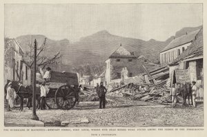 Uszkodzenia na Rempart Street, Port Louis, spowodowane przez cyklon Mauritiusa z 1892 r. (lito) autorstwa English School