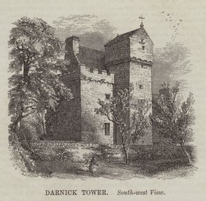 Darnick Tower, widok południowo-zachodni (grawerunek) autorstwa English School