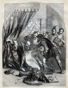 Śmierć kardynała Beatona, 29 maja 1546 - kardynał David Beaton (c1494-1546), arcybiskup St. Andrews, zamordowany podczas szkockiej reformacji - rycina z „Historii Anglii” autorstwa Cassella Pettera & Galpin, Londyn (1890) autorstwa English School