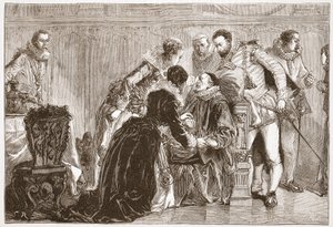 Śmierć Wilhelma Cichego, księcia Orańskiego, ilustracja z „Historii protestantyzmu” Jamesa Aitkena Wylie (1808-1890), wyd. 1878 (grawerowanie) autorstwa English School