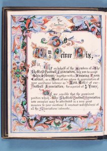 Dedykacja z przemówienia wygłoszonego przez Związek Piłki Nożnej Sheffield do Williama Pierce-Dixa z okazji jego przejścia na emeryturę jako sekretarza, 1882 (tusz na papierze) (patrz także 315163) autorstwa English School