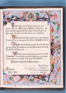 Dedykacja z przemówienia wygłoszonego przez Związek Piłki Nożnej Sheffield do Williama Pierce-Dixa z okazji jego przejścia na emeryturę jako sekretarza, 1882 (atrament na papierze) (zob. także 315162) autorstwa English School