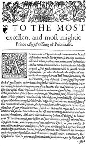 Dedykacja dla króla Polski Zygmunta II Augusta w Radcy, pierwszym angielskim tłumaczeniu Wawrzyńca Grzymała Goślickiego De optimo senatore, 1598 (druk) autorstwa English School