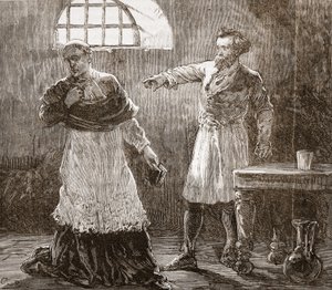 Denis upomina biskupa Meaux, ilustracja z Historii protestantyzmu Jamesa Aitkena Wylie (1808-1890), wyd. 1878 autorstwa English School