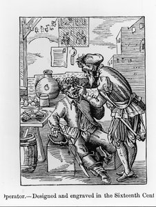 Operator dentystyczny, ilustracja z „Nauka i literatura średniowiecza i renesansu”, napisana i rytowana przez Paula Lacroix, 1878 (rycina) (zdjęcie bw) autorstwa English School