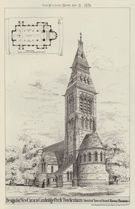Projekt dla New Church, Cambridge Park, Twickenham, Szkic wieży i prezbiterium (grawerowanie) autorstwa English School
